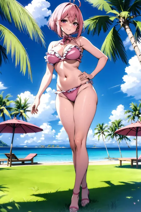aruraru <lora:aruraru2:0.8>, medium breasts, pink eyes, pink hair, ahoge,  beautiful face, smile, frilled bikini, (masterpiece:1.2), best quality, absurdres, highres, extremely detailed wallpaper, perfect lighting,8k,HD, pool chairs, palm trees,(complex background, many elements in the background:1.1),(super detailed background), dynamic poses, ((8k wallpaper)), cowboy shot,
