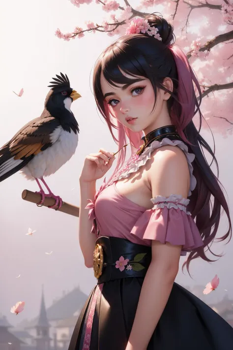 1girl, Welcoming ("The Bird of Opulence":1.3) , cherry blossom pink street, Foggy conditions, Panorama, Ultrarealistic, Fearful, Gamerpunk, volumetric lighting, 35mm, dreamy magical atmosphere, Highres, hyperdetailed, dark art by Tanya Shatseva, (Frida Kahlo:1.0)