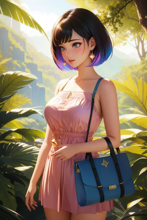 1girl, shoulder-level shot of a broad-shouldered Maya, Maya is 1960'S, Hiking, intricate details, Glowing Body Piercings, Boring Purse, Bokeh, by Artgerm, WLOP, Ilya Kuvshinov, RHADS, Loish and Rossdraws, Ultra Real, Depth of field 100mm, ultra detailed, funny