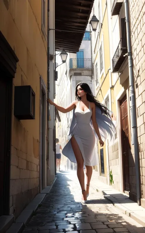 (sexy fashion photo. style of [Cathleen McAllister|Ilya Kuvshinov|Loish|Daniela Uhlig|Ross Tran]:1.4), (style of Fan Ho), [vibrant Lisbon lightplay:urban texture:0.8] composition, capturing a mesmerizing moment of a woman moving through a narrow alley in Lisbon, Portugal, her form bathed in the interplay of light and shadow. Her attire, a simple yet elegant dress, mirrors the myriad of pastel hues that adorn the city's buildings, its fabric catching the sunlight that filters through the alley, creating a dynamic silhouette against the cobblestones. Her presence is accentuated by the subtle, intricate patterns of the azulejo tiles that line the walls around her, their historic designs a testament to Portuguese artistry. The scene is set within the labyrinthine hilly streets of Lisbon, where every turn reveals a new vista of architectural beauty and light. The composition focuses on the stark contrasts and soft transitions between light and shadow, crafting a narrative of exploration and discovery. The woman's path through the alley, bordered by the unique textures and colors of Lisbon's urban landscape, becomes a journey through a city alive with history and vibrant energy. This photograph captures a fleeting moment of connection between the subject and her surroundings, where the interplay of light and shadow tells a story of the day's beginning or end. It's a celebration of Lisbon's architectural charm, from the variegated pastel-colored buildings to the decorative azulejo tiles that offer a glimpse into the past. The image is a poetic reflection on the beauty of the mundane, transforming an ordinary walk through the city into an extraordinary exploration of light, texture, and color.
