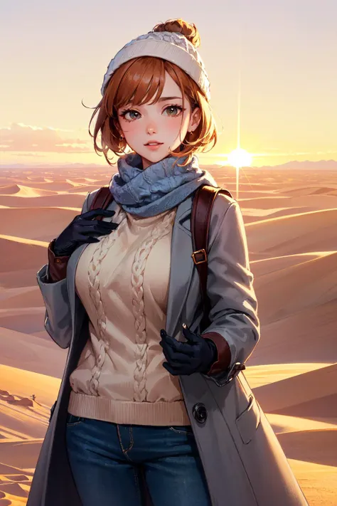 (masterpiece, best quality, hires, high resolution:1.2), (beautiful, aesthetic, perfect, delicate, intricate:1.2), (cute, adorable), (depth of field:1.2), (1girl, solo), (a mature woman), (orange short hair), (natural breasts), (scarf), (knit sweater:1.2), (furr overcoat:1.4), (beanie), (gloves), (tight pants), (a huge backpack), (at desert:1.4), (sun, golden hour), (focus on her face), (cowboy shot:1.4),