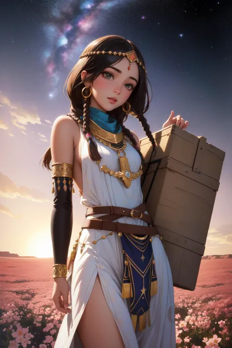 1girl, (designed by James McIntosh Patrick:0.7) , impressionism art, masterwork Drawing, best quality, shoulder-level shot of a Emergent Tasteful strong traditional Bedouin (Female Printer:1.3) , her hair is Masterpiece and styled as Box braids, Galaxy background, desolate blossoms and Kuiper Belt in background, Summer, Panorama, Classical, Confused, Altermodern, soft lighting, pinhole lens, Vibrant Color, dreamy, arcane, highly detailed face, matte skin, octane engine, photolab, woman, flat