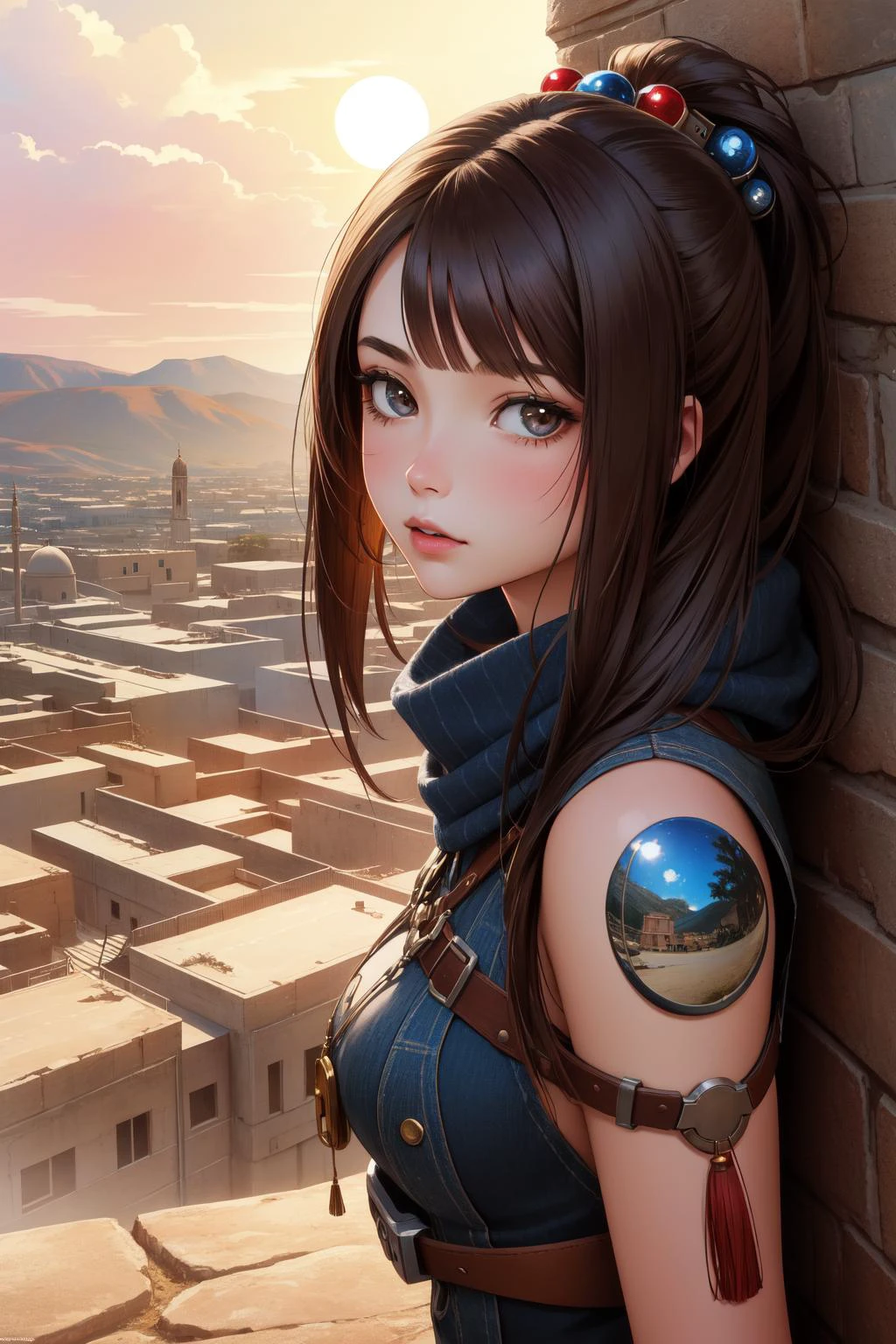 1girl, (portrait art stylized by Michael Shapcott:0.8) , pretty Digital artwork, beautiful, landscape of a ([Basseterre|Oaxaca]:1.3) from inside of a Fort, it is very Steelpunk and Tribal, crowded field and Martian surface in background, Winter, Masterpiece, Sad, Royalcore, Moonlight, 35mm, Amaro, ethereal magical atmosphere, Planet Mars, octane engine, Concept Art World, female, beauty
