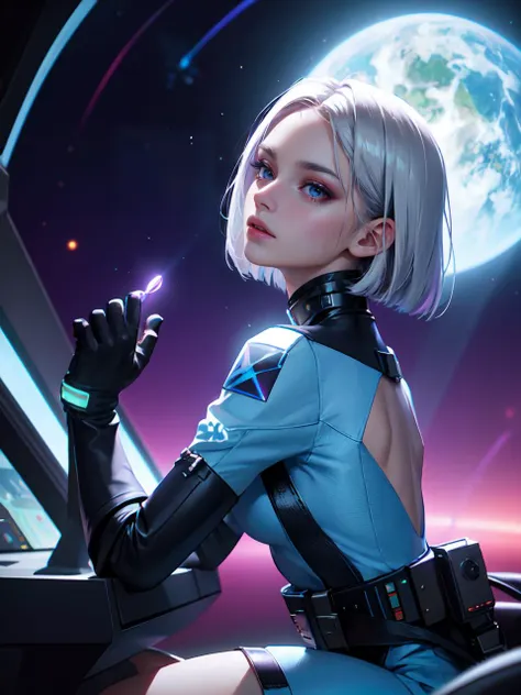 (over the shoulder:1.1), movie still,side view, spaceship cockpit, beautiful young skinny auburn caucasian adult woman sitting in spaceship cockpit looking over shoulder at viewer, glowing holographic instruments,(beautiful face:1.11),from behind, smart fabric jumpsuit:1.3,lightweight structured jacket with sharp geometric lines, utility belt, knee-high boots, fingerless gloves,(large spaceship cockpit with highly polished flooring and stellar view),backlit hair,perfect face,(pale freckles:0.6),(black and silver accents),perfect eyes,(studio lighting:0.3),low key, thin pouting lips,(white bob hair, ombre++ hair:1.2),wide set soft+ turquoise++ eyes, skin pores,(small retrousse nose:1.2), (pale skin),ultra detailed,(Intricate Environment)++,best quality, masterpiece, dramatic angle, highest detailed face,eyelid shimmer makeup,silver eyeshadow,iridescent cheekbones,muted rose lips,deep space blue, BREAK, starlight silver, nebula pink, and black hole black, planetary rings, asteroid clusters, geometric shapes, angular contours,Holographic control panels, chiaroscuro effects, reflective surfaces, star-filled skies, distant galaxies,Chrome finishes, brushed steel, shimmering surfaces, iridescent materials, Minimalist design, clean lines, modernistic details,8k,best quality,masterpiece,(large breasts:0.9) (masterpiece, best quality:1.4),reggae theme