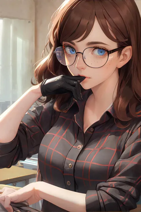 <lora:glovebiting-xocoko:0.7>, <lora:bzl:0.8>, bzl_test, woman, gloves, glove biting, short wavy brown hair, (blue|grey) eyes, glasses, flannel shirt, workshop, (freckles:0.4) || person, skin, hair, clothing, masterpiece, 8k, high resolution, shallow depth of field, sharp focus