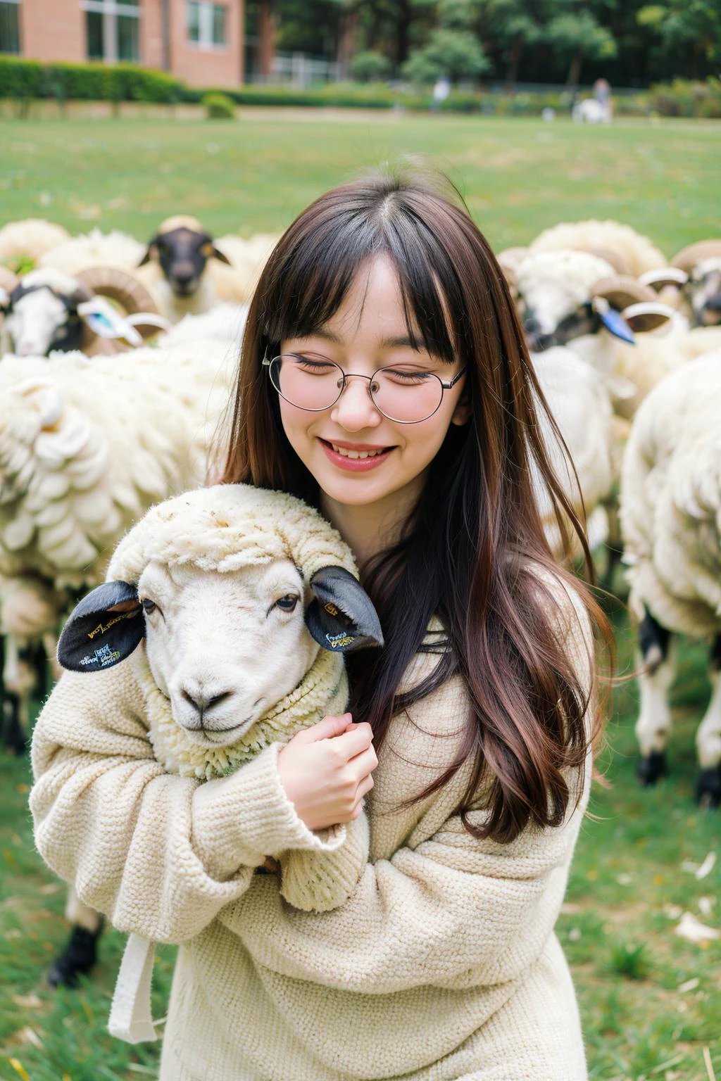 (best quality:1.4), (ultra highres:1.2), (photorealistic:1.4), (8k, RAW photo:1.2),(portrait shot:1.3), creamnoeyy_, 1girl, solo, long hair, black hair, smile, closed eyes, glasses, round eyewear, wariza, on grass, (sheep:1.4), <lora:creamnoeyy_-000008:0.7>