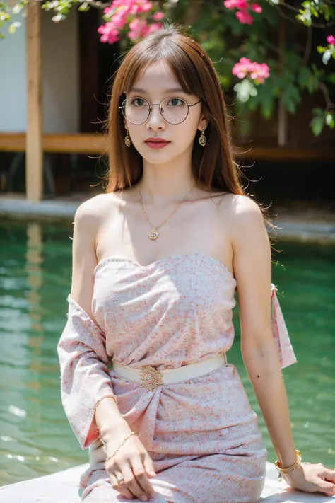 (best quality:1.4), (ultra highres:1.2), (photorealistic:1.4), (8k, RAW photo:1.2),(portrait shot:1.3), creamnoeyy_, 1girl, solo, glasses, round eyewear, upper body, (long hair:1.2), looking at viewer, bokeh, depth of field, medium breasts, sitting, water, white flower, full body, (long shoulder sabai:1.4), (jewelry:1.4), (floating sabai:1.4), white dress, <lora:sabai6:0.6>, <lora:creamnoeyy_-000008:0.7>