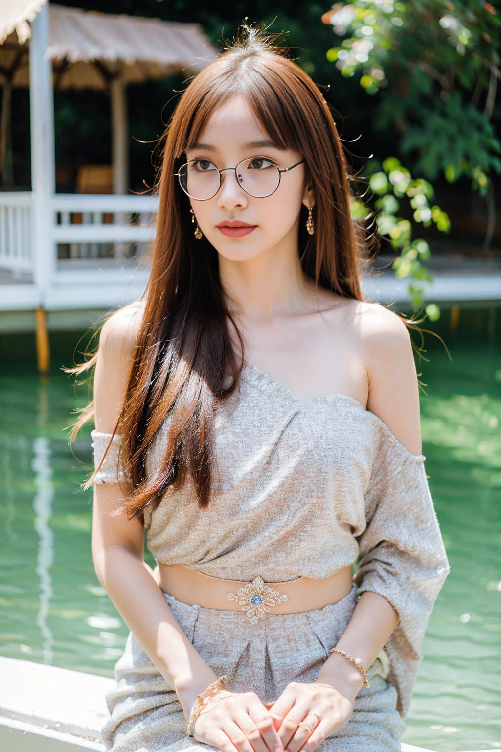 (best quality:1.4), (ultra highres:1.2), (photorealistic:1.4), (8k, RAW photo:1.2),(portrait shot:1.3), creamnoeyy_, 1girl, solo, glasses, round eyewear, upper body, (long hair:1.2), looking at viewer, bokeh, depth of field, medium breasts, sitting, water, white flower, full body, (long shoulder sabai:1.4), (jewelry:1.4), (floating sabai:1.4), white dress, <lora:sabai6:0.6>, <lora:creamnoeyy_-000008:0.7>