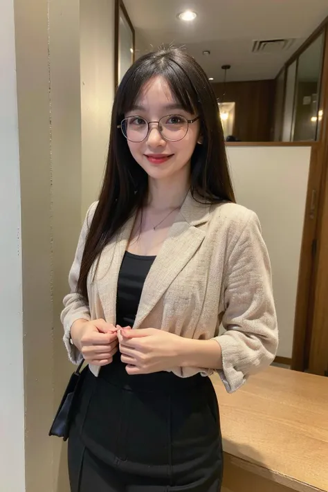 (best quality:1.4), (ultra highres:1.2), (photorealistic:1.4), (8k, RAW photo:1.2),(portrait shot:1.3), creamnoeyy_, 1girl, solo, long hair, black hair, smile, looking at viewer, business suit, glasses, round eyewear, open clothes, <lora:creamnoeyy_-000008:0.6>