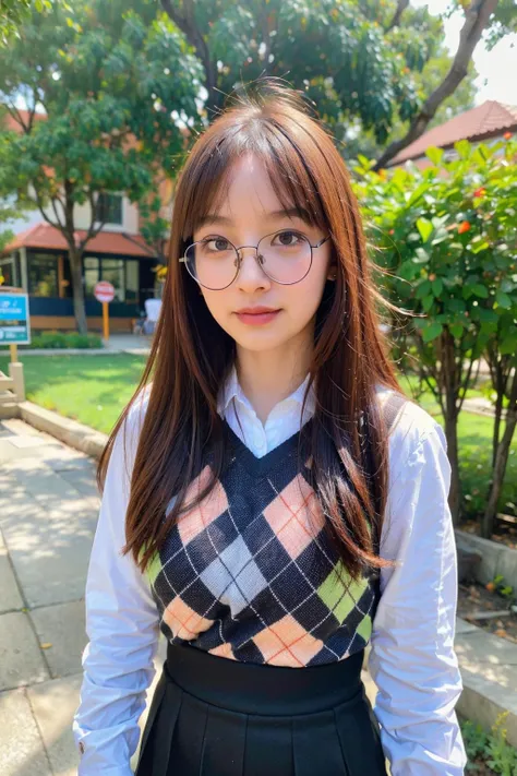 (best quality:1.4), (ultra highres:1.2), (photorealistic:1.4), (8k, RAW photo:1.2),(portrait shot:1.3), creamnoeyy_, 1girl, solo, long hair, brown hair, skirt, shirt, long sleeves, closed mouth, upper body, outdoors, glasses, day, sweater, tree, sweater vest, round eyewear, <lora:creamnoeyy_-000008:0.7>