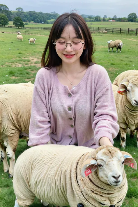 (best quality:1.4), (ultra highres:1.2), (photorealistic:1.4), (8k, RAW photo:1.2),(portrait shot:1.3), creamnoeyy_, 1girl, solo, long hair, black hair, smile, closed eyes, glasses, round eyewear, wariza, on grass, (sheep:1.4), <lora:creamnoeyy_-000008:0.7>