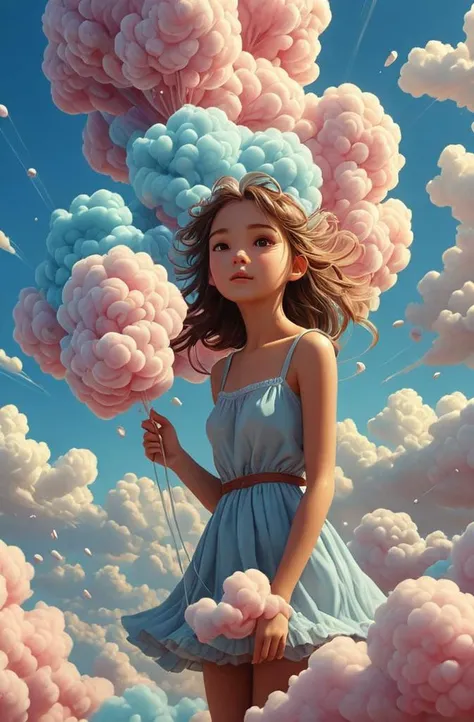 <lora:Abstract_Landscapes:.8>((Magic realism)) the cotton candy clouds are depicted as ethereal wisps of spun sugar, resembling fluffy tufts of cotton candy floating delicately in the sky with soft, billowy texture, with wisps and tendrils extending outward in all directions, vibrant hues+ colorful swirls, the girl playfully eats the clouds, soft+airy texture of the clouds, the solid wooden stick held by the girl ,whimsical+surreal atmosphere,Sunrays through the clouds, casting a surreal glow. Rendered in high resolution (64K, UHD) with HDR effects using Octane Render for 3D rendering, creating depth and atmosphere. The scene features a vibrant color range."