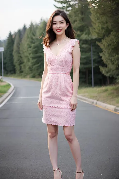 ãã¹ã¿ã¼ãã¼ã PHOTOREALISTIC REALISTIC,masterpiece,best quality,highres,ultra detailed,8k,1woman,full body,dress,standing,long hair,looking at viewer,smile,closed mouth,makeup,lipstick,outdoors,day,<lora:mengziyiAlexnsfw80:0.6>