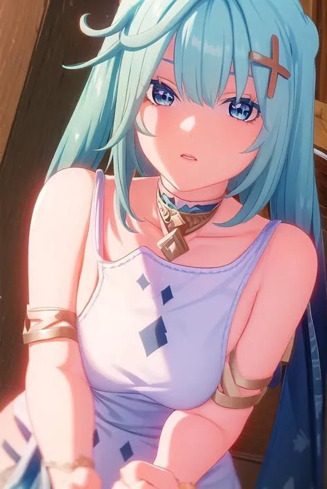 faruzan, <lora:genshin faruzan ingame-lora-nochekaiser:1>,
faruzan, long hair, bangs, hair ornament, twintails, blue hair, ahoge, aqua hair, x hair ornament, cowlick,
BREAK dress, jewelry, white dress, bracelet, shoulder cutout,
BREAK outdoors,
BREAK looking at viewer, (cowboy shot:1.5),
BREAK <lyco:GoodHands-beta2:1>, (masterpiece:1.2), best quality, high resolution, unity 8k wallpaper, (illustration:0.8), (beautiful detailed eyes:1.6), extremely detailed face, perfect lighting, extremely detailed CG, (perfect hands, perfect anatomy),