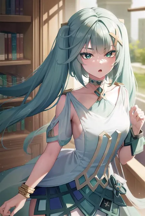 faruzan, <lora:faruzan-lora-nochekaiser:1>,
faruzan, aqua hair, blunt bangs, cowlick, (green eyes:1.5), hair between eyes, hair ornament, long hair, (symbol-shaped pupils:1.5), (triangle-shaped pupils:1.5), twintails, x hair ornament, <lora:gekioko_v200:1>, angry, open mouth,
BREAK bangle, bare shoulders, bracelet, dress, jewelry, short sleeves, shiny clothes,
BREAK looking at viewer, full body, (cowboy shot:1.5), upper body,
BREAK indoors, library,
BREAK <lyco:GoodHands-beta2:1>, (masterpiece:1.2), best quality, high resolution, unity 8k wallpaper, (illustration:0.8), (beautiful detailed eyes:1.6), extremely detailed face, perfect lighting, extremely detailed CG, (perfect hands, perfect anatomy),