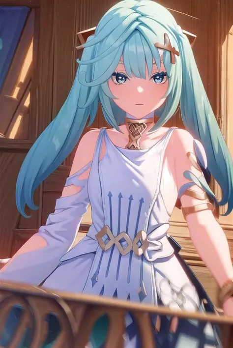 faruzan, <lora:genshin faruzan ingame-lora-nochekaiser:1>,
faruzan, long hair, bangs, hair ornament, twintails, blue hair, ahoge, aqua hair, x hair ornament, cowlick,
BREAK dress, jewelry, white dress, bracelet, shoulder cutout,
BREAK outdoors,
BREAK looking at viewer, (cowboy shot:1.5),
BREAK <lyco:GoodHands-beta2:1>, (masterpiece:1.2), best quality, high resolution, unity 8k wallpaper, (illustration:0.8), (beautiful detailed eyes:1.6), extremely detailed face, perfect lighting, extremely detailed CG, (perfect hands, perfect anatomy),