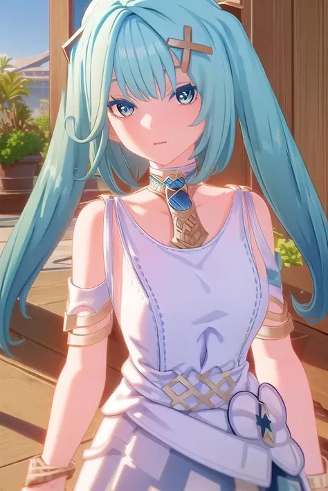 faruzan, <lora:genshin faruzan ingame-lora-nochekaiser:1>,
faruzan, long hair, bangs, hair ornament, twintails, blue hair, ahoge, aqua hair, x hair ornament, cowlick,
BREAK dress, jewelry, white dress, bracelet, shoulder cutout,
BREAK outdoors,
BREAK looking at viewer, (cowboy shot:1.5),
BREAK <lyco:GoodHands-beta2:1>, (masterpiece:1.2), best quality, high resolution, unity 8k wallpaper, (illustration:0.8), (beautiful detailed eyes:1.6), extremely detailed face, perfect lighting, extremely detailed CG, (perfect hands, perfect anatomy),