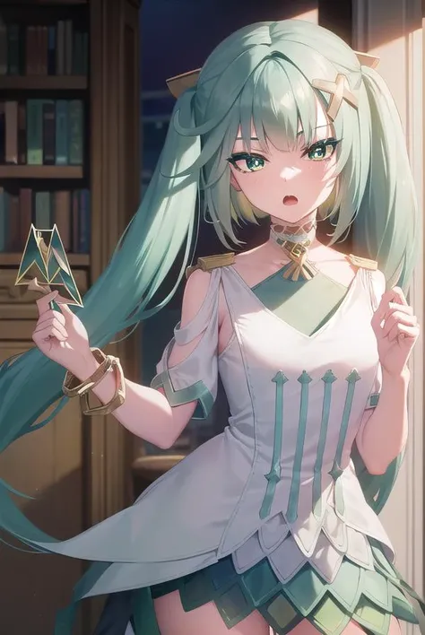 faruzan, <lora:faruzan-lora-nochekaiser:1>,
faruzan, aqua hair, blunt bangs, cowlick, (green eyes:1.5), hair between eyes, hair ornament, long hair, (symbol-shaped pupils:1.5), (triangle-shaped pupils:1.5), twintails, x hair ornament, <lora:gekioko_v200:1>, angry, open mouth,
BREAK bangle, bare shoulders, bracelet, dress, jewelry, short sleeves, shiny clothes,
BREAK looking at viewer, full body, (cowboy shot:1.5), upper body,
BREAK indoors, library,
BREAK <lyco:GoodHands-beta2:1>, (masterpiece:1.2), best quality, high resolution, unity 8k wallpaper, (illustration:0.8), (beautiful detailed eyes:1.6), extremely detailed face, perfect lighting, extremely detailed CG, (perfect hands, perfect anatomy),