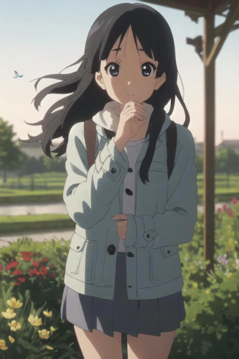 original, (masterpiece), (illustration), (extremely fine and beautiful), perfect detailed, photorealistic, (beautiful and clear background:1.25), (depth of field:0.7), (1 cute girl stands in the garden:1.1), (cute:1.35), (detailed beautiful eyes:1.3), (beautiful face:1.3), casual, black hair, (blue hair:0.6),, long hair, coat, short skirt, hair blowing with the wind, (black eye:1.2), flowers, ( girl:0.65), butterflys flying around,akiyama mio, handsome,(smile:0.6)