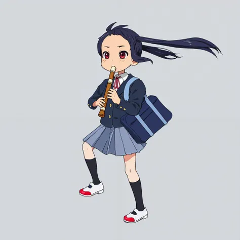 (best-quality:0.8), flat color illustration, 1girl walking with a blue school bag playing on a recorder, school uniform with jacket and yellow buttons, twintails, chibi, <lora:KonF:0.8> azusa_nakano, hair and twintails pulled back, red ribbon in the collar,