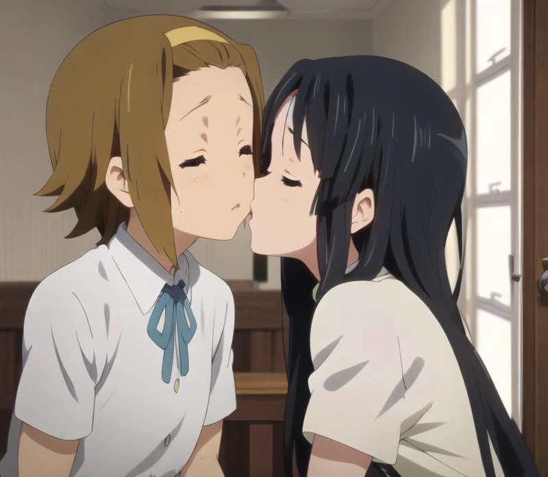 headband ritsu_tainaka,Masterpiece,bright colors, wallpaper quality, absurdres, HDR, oda non,( 2girls:1.1),(),exposed forehead, kissing ,light kiss,shy, akiyama mio,closed eyes,