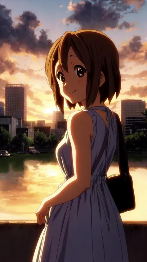 masterpiece, best quality, 1girl, k-on!, hirasawa yui, sundress, (turnaround, looking back:1.2), city, sunset, smile, character focus, cowboy shot, light blush, <lora:add_detail:1>, <lora:GoodHands-vanilla:1>, <lora:KonF:1>