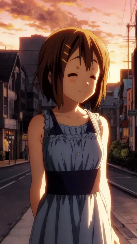 masterpiece, best quality, 1girl, k-on!, hirasawa yui, sundress, city, sunset, arms behind back, closed eyes, smile, character focus, cowboy shot, light blush, <lora:add_detail:1>, <lora:GoodHands-vanilla:1>,  <lora:KonF:1>