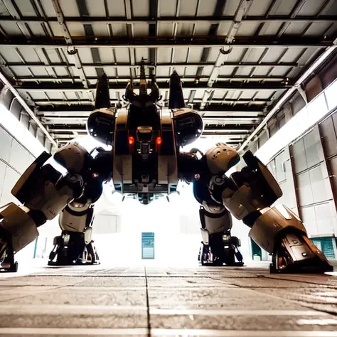 low angle photo, massive scale heroic mecha standing intimidation [(ascendentredux:1):(goldroom:0.5):(gundamgirl:1): ,0.45,0.6:bezier] [scifi|fantasy] megastructure hangar a cyborg uprising against humanity