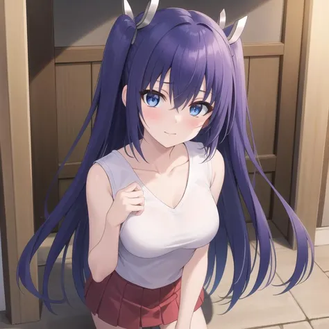 yuragisou-hibari, white top sleeveless red mini skirt, blue hair, blue eyes, bangs, hair between eyes, twintails, collarbone, medium breasts, full body, solo, 1girl, highres, high quality, masterpiece, many details, outdoors <lora:yuragisou-hibari-000004:0.3> blunt bangs,