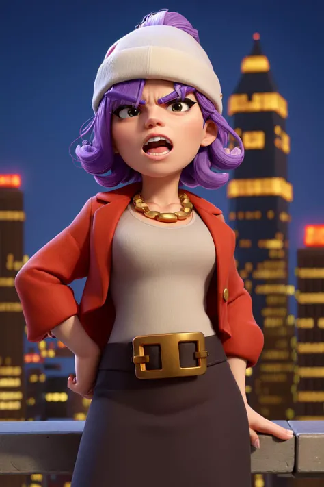 masterpiece, best quality, an angry woman with curly purple hair , wearing a black beanie, golden necklace with dollar sign, white shirt, red jacket, city background
