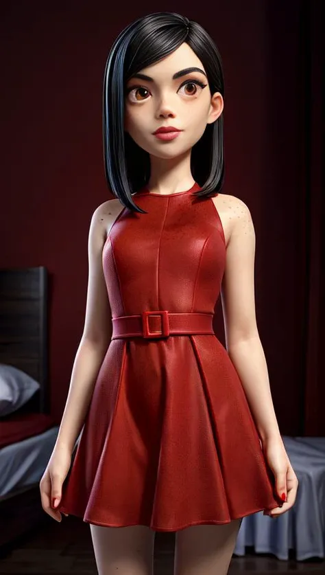 masterpiece, best quality, young pale skinny black haired girl, (freckles:1.2),  wearing a short sharp revealing red dress, shy, bedroom, makeup
dark theme
 <lora:lowra_v10:0.5> <lora:add_detail:1>