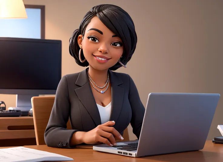 masterpiece, best quality,Modern Office: Black Businesswoman Sitting at Her Desk Working on a Laptop Computer. Smiling Successful African American Woman working with Big Data e-Commerce.