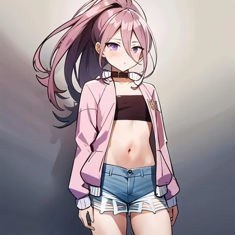 <lora:tademaru_aya-06:1>, (extremely detailed:1.3),(highly detailed:1.2),(best quality:1.2),(masterpiece:1.2), Tademaru_Aya, 1girl, solo, long hair, hair between eyes, purple eyes, collarbone, ponytail, pink hair, long sleeves, navel, jacket, open clothes, shorts, choker, midriff, collar, open jacket, crop top, sleeves past wrists, short shorts, strapless, denim shorts, tube top, pink jacket