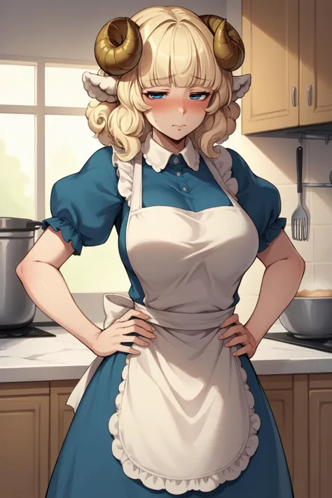 score_9, score_8_up, source_anime, 1girl, solo, <lora:ChamWeresheepPonyXL:0.8> Weresheep, blonde hair, blue eyes, horns, sheep ears, heavy blush, apron, blue dress, mature, shy, kitchen, short sleeves, puffy sleeves, hands on hips, curvy, looking at the viewer