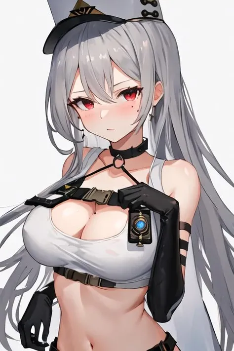 best quality, masterpiece, highres, solo, {sovetskaya_rossiya_azurlane:1.15}, long_hair, hair_between_eyes, red_eyes, breasts, large_breasts, mole, white_hair, mole_under_eye, bangs, blush, grey_hair, very_long_hair, 1girl, bare_shoulders, choker, looking_at_viewer, portrait, upper_body, closed_mouth, collarbone, black_gloves, gloves, simple_background