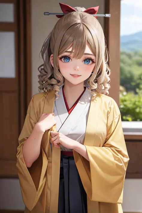 (masterpiece, best quality:1.2), <lyco:kancolle_hatakaze-10:1.0>, cowboy shot, solo, 1girl, hatakaze, smile, looking at viewer, hair between eyes, ponytail, hair ribbon, japanese clothes, white kimono, haori, black hakama, hakama skirt