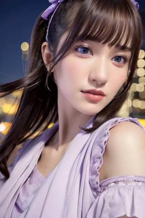 1girl,(wearing a light purple blouse:1.2),(RAW photo, best quality), (realistic, photo-realistic:1.4), masterpiece, an extremely delicate and beautiful, extremely detailed, 2k wallpaper, Amazing, finely detail, extremely detailed CG unity 8k wallpaper, ultra-detailed, highres, soft light, beautiful detailed girl, extremely detailed eyes and face, beautiful detailed nose, beautiful detailed eyes,cinematic lighting,city lights at night,perfect anatomy,slender body,smiling <lora:okasakimiho_lora:0.7>