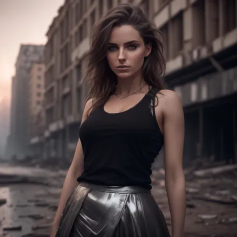 raw photo of European full-body young woman dressed light skirt, breast tightener, 23 years old, hyper detailed realistic face, realistic eyes, detailed skin pores, woman stands in the middle of the wasteland, close up, <lora:MetalAI:1>, fantastic cinema shot, 8k hdr reflections, ruined city on background, looking directly at the camera, realistic shadows and reflections, high resolution beautiful face portrait