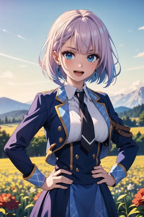 masterpiece, best quality, outdoors, field, flower field, riseliaray, 1girl, looking at viewer, solo, upper body, hands on hips, smile, open mouth,eyelashes, bangs, jacket, blue jacket, white shirt, collared shirt, jewelry, necktie, black necktie, blush, breasts, skirt, blue skirt, open jacket, virtual youtuber, <lora:LoRA_Riselia:1>, <lora:colorify:0.8> <lora:epi_noiseoffset2:0.8>, (masterpiece:1.2), best quality, high resolution, unity 8k wallpaper, (illustration:0.8), extremely detailed face, perfect lighting, extremely detailed CG, (perfect hands, perfect anatomy), (masterpiece, best_quality, ultra-detailed, immaculate:1.3), epic, illustration, render, <lora:GoodHands-vanilla:0.8>