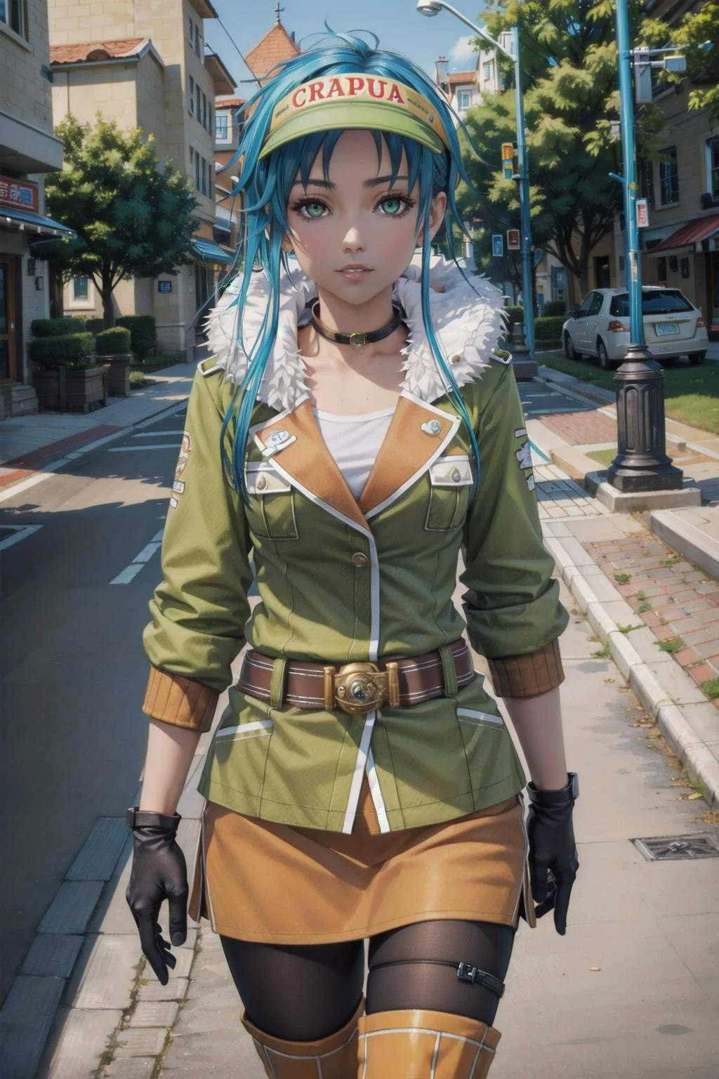 (Masterpiece, Best Quality, Highres:1.4), Detailed, Intricate Details, 4K,
Josette Capua, blue hair, long hair, green eyes, medium breasts,
visor, green jacket, fur collar, orange skirt, brown belt, black pantyhose, black gloves, brown boots,
pov, from front, up close, looking at viewer, parted lips, slight smile,
<lora:Josette:0.8>