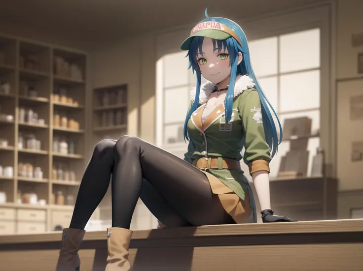 best quality, (masterpiece:1.2), illustration, absurdres,
(1girl, solo), (beautiful detailed girl), full body shot,
<lora:Josette-08:0.8>, Josette Capua, blue hair, long hair, green eyes, medium breasts,
visor, green jacket, fur collar, orange skirt, brown belt, black pantyhose, black gloves, brown boots,
inside intricate pawn shop, general store,
floating dust, light particles, vivid colors,
looking_at_viewer, smug, smile, proud,
(sitting:1.1),
