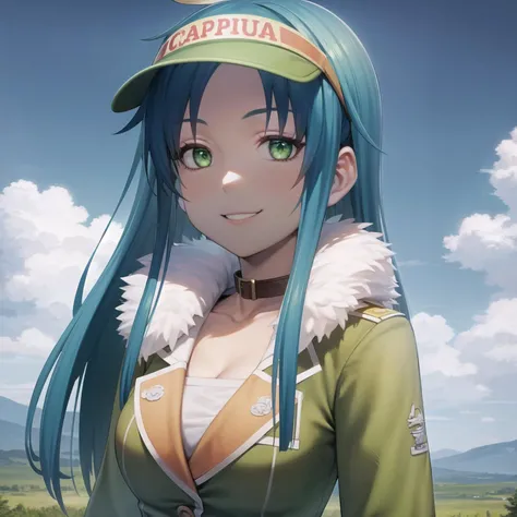 best quality, (masterpiece:1.2), illustration, absurdres,
(1girl, solo), (beautiful detailed girl), (upper body, portrait),
<lora:Josette-08:0.8>, Josette Capua, blue hair, long hair, green eyes, medium breasts,
smug, smile, proud, looking at viewer,
visor, green jacket, fur collar,
magical forest, sky, clouds,