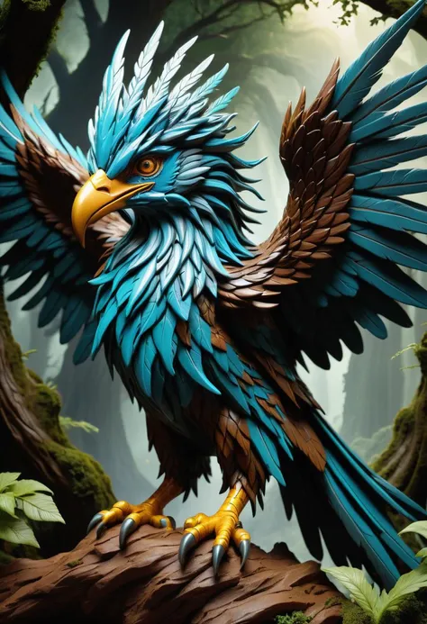 hyper detailed masterpiece, dynamic, awesome quality, claysculpt dryad, large majestic formidable powerful mythical bird, sharp edged lightning-like feathers, thunderous flapping of wings produces thunder, power, transformation, natural forces, thunder, lightning, renewing , <lora:Claysculpt_v1_R64:1>