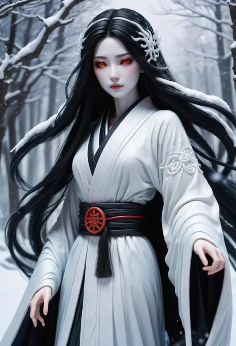 hyper detailed masterpiece, dynamic, awesome quality, 
Japanese snow {spirit|ghost}, female, cold ethereal beauty,
      {White kimono|burial robe}, Long black hair, pale skin,
      {Glowing|haunting} eyes, {0.2::icy breath,|0.2::frost},
      winter, snow, haunting, supernatural,SnowStyle