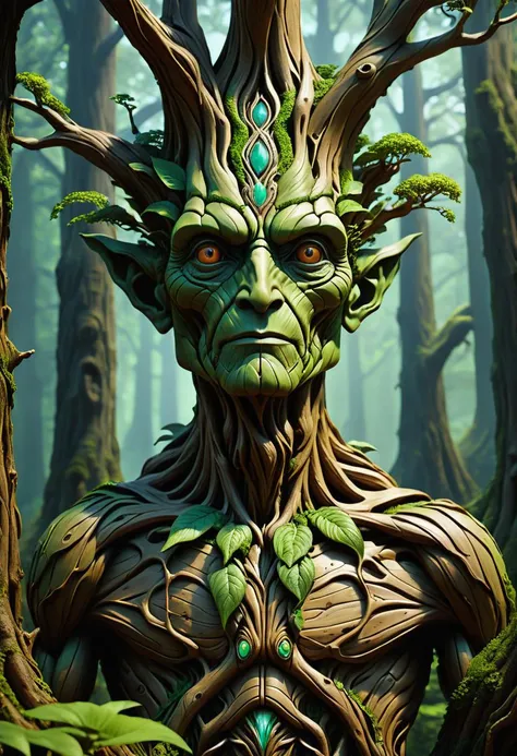 hyper detailed masterpiece, dynamic, awesome quality, claysculpt  tree ent, fictional peaceful wise plantoid tree-like entity, humanoid tree, bark covered skin, woody features, limbs resembling branches and roots, guardianship of forests and nature, culinary experience,elegant,away from the city,twilight,smart automation,recovery,miraculous ,     <lora:Claysculpt_v1_R64:1>