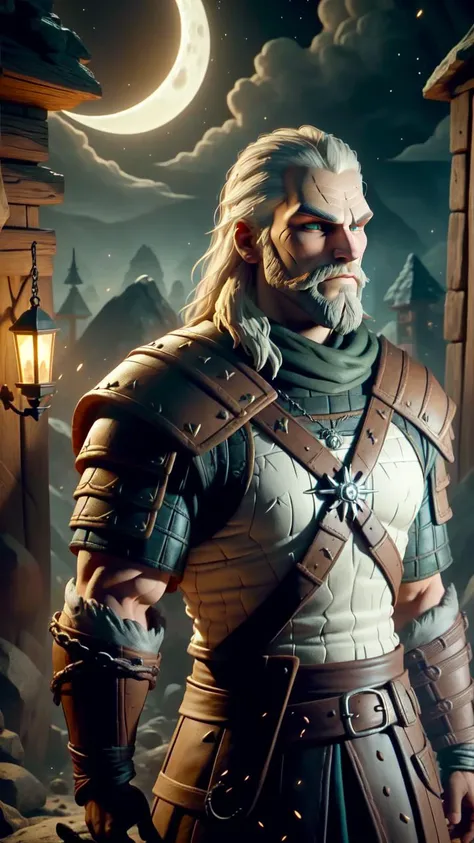 (masterpiece, best quality:1.1), (claysculpt:1.12), 1boy, solo, (geralt of rivia:1.05), from the witcher, white and yellow, white hair, long hair, ponytail, yellow eyes, scar on face, beard, chainmail armor, male focus, moon, blender \(medium\)