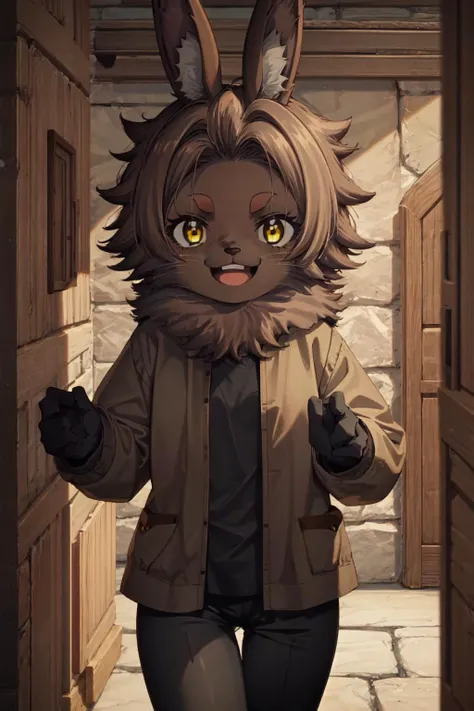 Bilac, 1girl, furry, rabbit girl, animal nose, rabbit ears, brown fur, body fur, short hair, yellow eyes, brown hair, black shirt, black pants, walking, indoors, medieval, rock walls, looking at viewer, :D, teeth <lora:Bilac:1>