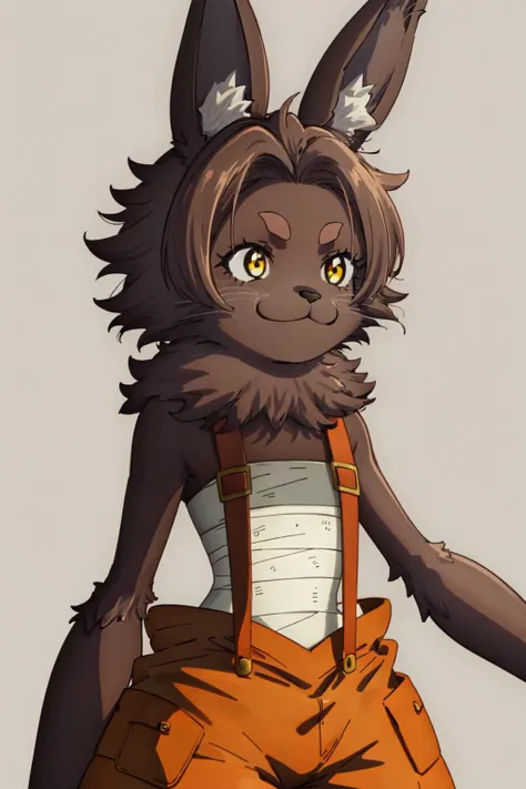 Bilac, 1girl, furry, rabbit girl, animal nose, rabbit ears, brown fur, body fur, short hair, yellow eyes, brown hair, bandages, orange pants, puffy pants, suspenders, standing, smile, simple background, looking away, upper body <lora:Bilac:1>