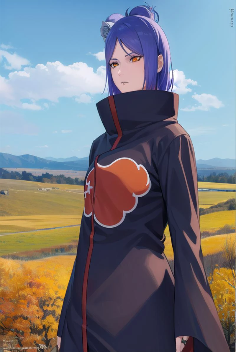 konan, <lora:konanv2-lora-nochekaiser:0.75>, <lyco:konanv2-lyco-nochekaiser:0.75>,
konan, short hair, hair ornament, blue hair, flower, hair flower, (orange eyes:1.5), (labret piercing:1.2), eyeshadow,
BREAK coat, cloak, black coat, black cloak, (akatsuki uniform:1.5), akatsuki \(naruto\), (akatsuki uniform:1.5),
BREAK outdoors, forest, nature, sky, cloud, sun,
BREAK looking at viewer, (cowboy shot:1.5),
BREAK <lyco:GoodHands-beta2:1>, (masterpiece:1.2), best quality, high resolution, unity 8k wallpaper, (illustration:0.8), (beautiful detailed eyes:1.6), extremely detailed face, perfect lighting, extremely detailed CG, (perfect hands, perfect anatomy),