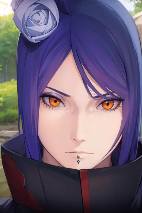 konan, <lora:konanv2-lora-nochekaiser:0.75>, <lyco:konanv2-lyco-nochekaiser:0.75>,
konan, short hair, hair ornament, blue hair, flower, hair flower, (orange eyes:1.5), (labret piercing:1.2), eyeshadow,
BREAK coat, cloak, black coat, black cloak, (akatsuki uniform:1.5), akatsuki \(naruto\), (akatsuki uniform:1.5),
BREAK outdoors, forest, nature, sky, cloud, sun,
BREAK looking at viewer, (cowboy shot:1.5),
BREAK <lyco:GoodHands-beta2:1>, (masterpiece:1.2), best quality, high resolution, unity 8k wallpaper, (illustration:0.8), (beautiful detailed eyes:1.6), extremely detailed face, perfect lighting, extremely detailed CG, (perfect hands, perfect anatomy),